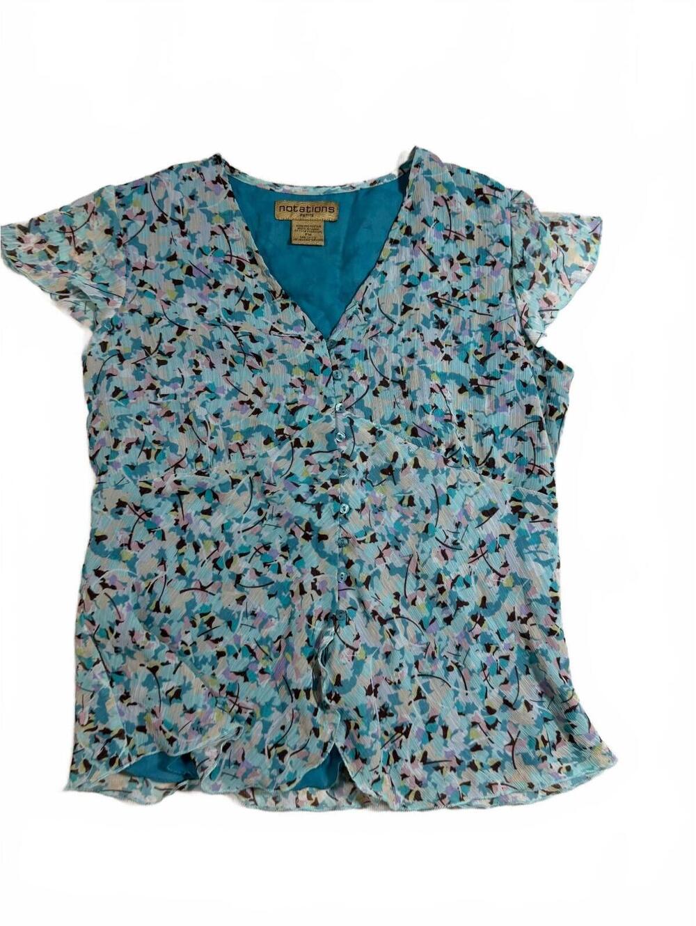 Notations Blue Floral Cap Sleeve Button Up BlouseSize Medium Petite